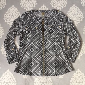 Anne Klein - Black & White Geometric Zip Up Blouse